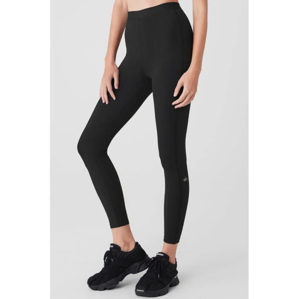 Alo Airlift High-Waist 7/8 Run It Back Leggings Black Ribbed Hi-Rise Tights S